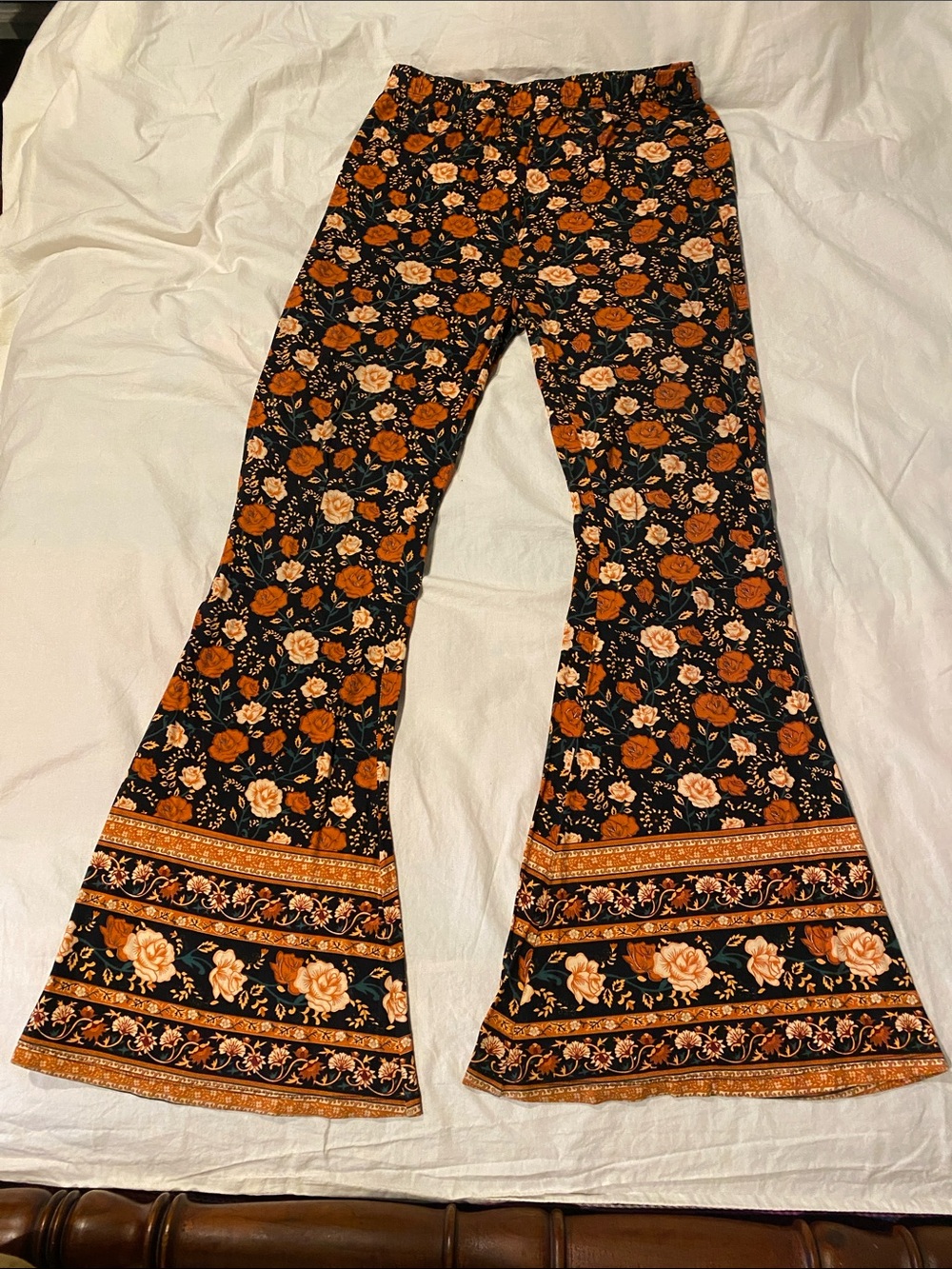 Arnhem Black Floral Wide-Leg Pants with Orange Roses